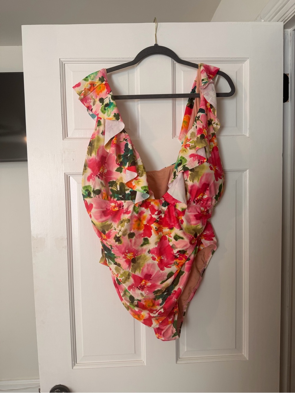 J. Crew Pink Floral Ruffle One-Piece Swimsuit